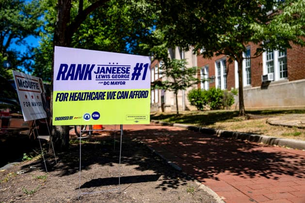 A sign for DC Mayor candidate Janeese Lewis George is seen outside Stuart Hobson Middle School as people vote in Washington DC s 2026 primary elections on Tuesday, June 16, 2026. The two front-runners to succeed current DC Mayor Muriel Bowser are Kenyan McDuffie, a moderate with support from many of Bowser s cabinet, and Janeese Lewis George, democratic socialist who built her campaign around organized labor.  WAP20260616301 BONNIExCASH