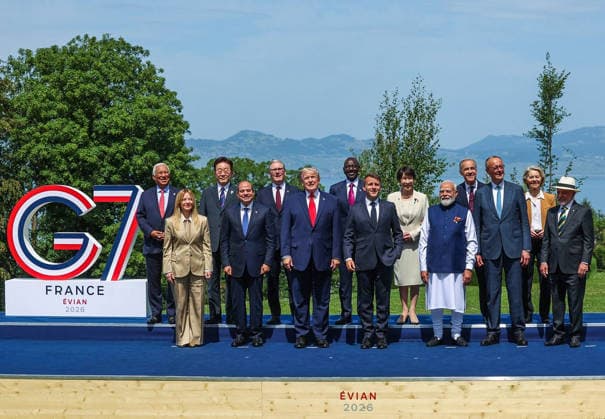 RECORD DATE NOT STATED G7 world leaders stand together for a group photo at the G7 Summit Evian, France , Jun 16 (ANI): Prime Minister Narendra Modi and other G7 world leaders stand together for a group photo at the G7 Summit, in Evian on Tuesday. (@narendramodi X ANI Photo) Evian France Copyright: xANIx ANI_20260616299