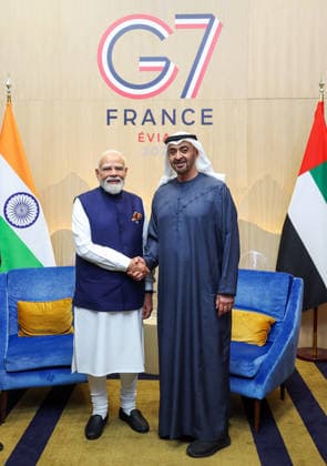 PM Modi meets UAE President Sheikh Mohamed bin Zayed Al Nahyan on the sidelines of the G7 Summit Evian, France , Jun 16 (ANI): Prime Minister Narendra Modi meets UAE President Sheikh Mohamed bin Zayed Al Nahyan on the sidelines of the G7 Summit, in Evian on Tuesday. (DPR PMO ANI Photo) Evian France Copyright: xANIx ANI_20260616406