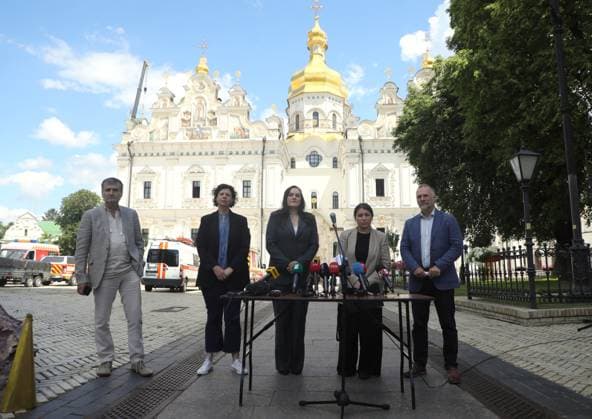 Oleksandr Dovzhenko National Film Studio Director General Andrii Donchyk, Director General of the Mystetskyi Arsenal National Cultural, Art and Museum Complex Olesia Ostrovska-Liuta, Deputy Prime Minister for Humanitarian Policy of Ukraine and Minister of Culture of Ukraine Tetiana Berezhna (L to R) and Director General of the Kyiv Pechersk Lavra National Preserve Maksym Ostapenko (R) hold a briefing on the consequences of the Russian attack on cultural heritage sites at the Kyiv Pechersk Lavra National Reserve, Kyiv, Ukraine, June 16, 2026. During the briefing, speakers presented the first results of the damage assessment, outlined the losses, priority measures to eliminate the consequences, and further steps to restore the affected facili  Copyright: xYuliiaxOvsiannikovax