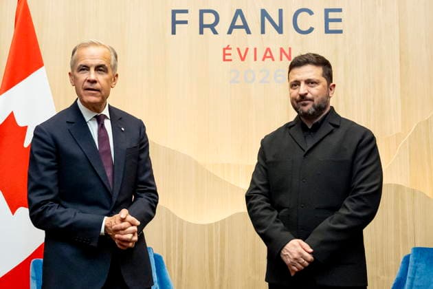 June 16, 2026, Evian-Les-Bains, France: Prime Minister Mark Carney meets with President of Ukraine Volodymyr Zelenskyy during the G7 summit in Evian-les-Bains, France on Tuesday, June 16, 2026. Evian-Les-Bains France  - ZUMAc35_ 20260616_zaf_c35_084 Copyright: xChristopherxKatsarovx