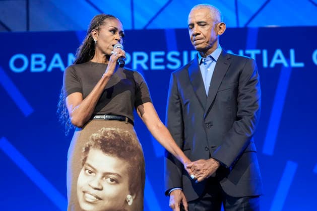 Former President Barack Obama and former first lady Michelle Obama speaking at a stakeholders event at the Obama Presidential Center, Tuesday, June 16, 2026, in Chicago, Illinois. The Obama Library officially opens to the public on Friday June 19, 2026. Pool  CHI2026061609 PabloxMartinezxMonsivais