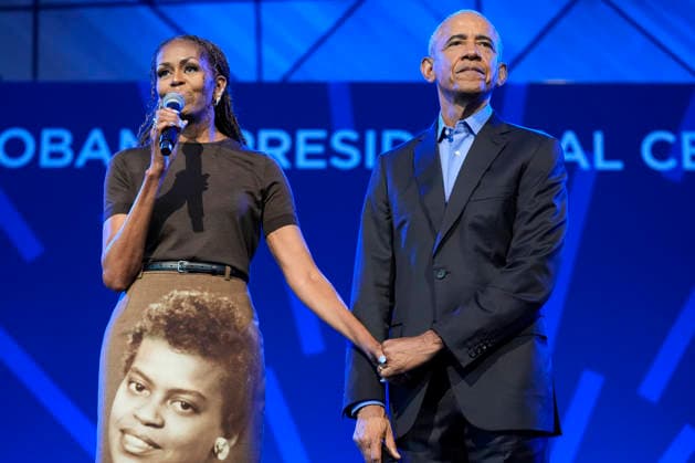 Former President Barack Obama and former first lady Michelle Obama speaking at a stakeholders event at the Obama Presidential Center, Tuesday, June 16, 2026, in Chicago, Illinois. The Obama Library officially opens to the public on Friday June 19, 2026. Pool  CHI2026061610 PabloxMartinezxMonsivais