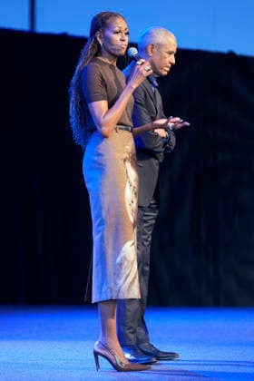 Former President Barack Obama and former first lady Michelle Obama speaking at a stakeholders event at the Obama Presidential Center, Tuesday, June 16, 2026, in Chicago, Illinois. The Obama Library officially opens to the public on Friday June 19, 2026. Pool  CHI2026061614 PabloxMartinezxMonsivais