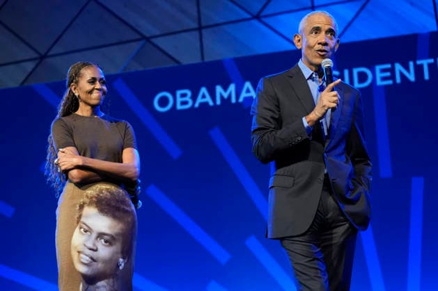 Former President Barack Obama and former first lady Michelle Obama speaking at a stakeholders event at the Obama Presidential Center, Tuesday, June 16, 2026, in Chicago, Illinois. The Obama Library officially opens to the public on Friday June 19, 2026. Pool  CHI2026061617 PabloxMartinezxMonsivais