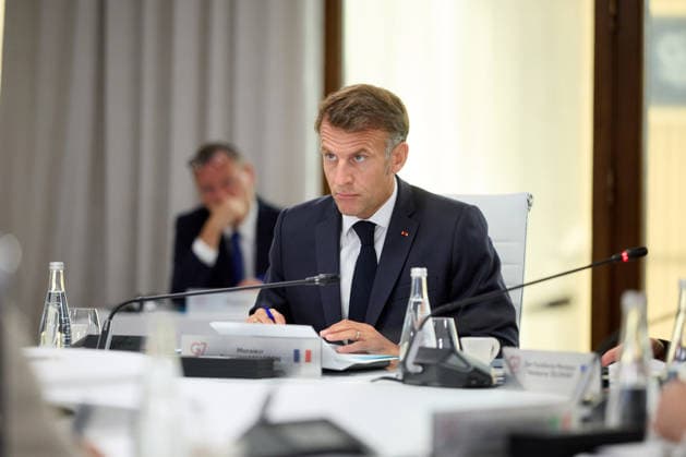 French President Emmanuel Macron participates in a round table discussion at the G7 Summit in Evian, France, on Tuesday, June 16, 2026. Photo via Ukrainian Presidential Press Office  WAX2026061606 UKRAINIANxPRESIDENTIALxPRESSxOFF