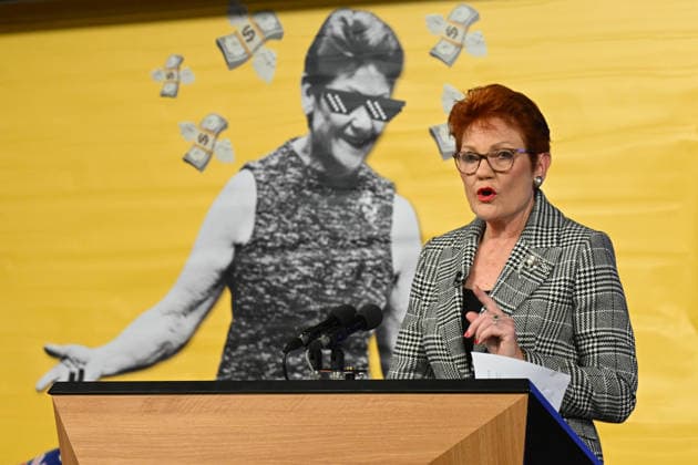 PAULINE HANSON PRESS CLUB, A banner is seen behind One Nation leader Pauline Hanson as she addresses the National Press Club in Canberra, Wednesday, June 17, 2026. ( NO ARCHIVING CANBERRA AUSTRALIAN CAPITAL TERRITORY AUSTRALIA  Copyright: xLUKASxCOCHx 20260617166869667230