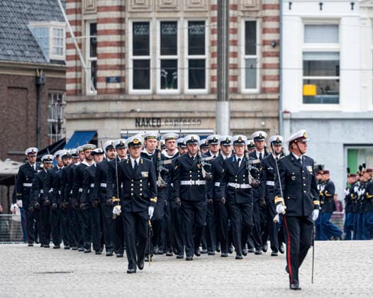 Amsterdam The Netherlands 17th June 2026 State visit of Emperor Naruhito of Japan. Impressions around the Dam around the Koninklijke Paleis Military march on to the Dam. The Koninklijke Marine, Royal Dutch Navy