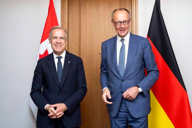 June 17, 2026, Evian-Les-Bains, France: Prime Minister Mark Carney, left, meets with German Chancellor Friedrich Merz during the G7 summit in Evian-les-Bains, France, on Wednesday, June 17, 2026. Evian-Les-Bains France  - ZUMAc35_ 20260617_zaf_c35_003 Copyright: xChristopherxKatsarovx