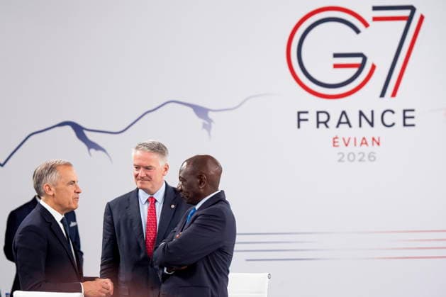 June 17, 2026, Evian-Les-Bains, France: Prime Minister Mark Carney speaks with Secretary-General of the OECD, Mathias Cormann, centre, and President of Kenya, William Ruto ahead of a G7 working session at the G7 summit in Evian-les-Bains, France, on Wednesday, June 17, 2026. Evian-Les-Bains France  - ZUMAc35_ 20260617_zaf_c35_012 Copyright: xChristopherxKatsarovx