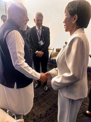 RECORD DATE NOT STATED PM Modi meets the Japanese Prime Minister Sanae Takaichi at the G7 Summit Evian, France , Jun 17 (ANI): Prime Minister Narendra Modi meets the Japanese Prime Minister Sanae Takaichi at the G7 Summit, in Evian on Tuesday. (@narendramodi X ANI Photo) Evian France Copyright: xANIx ANI_20260617013