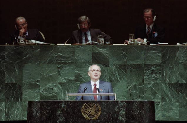 New York City, USA. General Secretary of the CPSU Central Committee, Chairman of the Presidium of the USSR Supreme Soviet Mikhail Gorbachev (front) gives a speech to the delegates of the 43rd session of the UN General Assembly. Valery Zufarov, Valery Khristoforov TASS  18460658