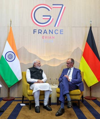 RECORD DATE NOT STATED Prime Minister Narendra Modi meets German Chancellor Friedrich Merz Evian France , Jun 17 (ANI): Prime Minister Narendra Modi meets German Chancellor Friedrich Merz, at the G7 Summit, in Evian on Wednesday. (@narendramodi X ANI Photo) Evian France Copyright: xANIx ANI_20260617241