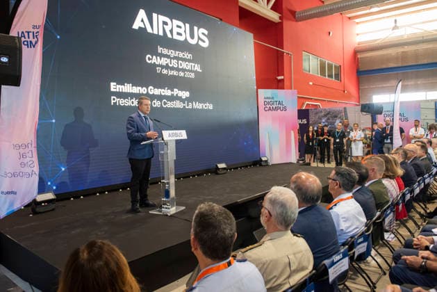 Page Inaugurates the New Airbus Digital Campus in Albacete The president of Castilla-La Mancha, Emiliano García Page, speaks during the inauguration of the new Airbus Digital Campus on June 17, 2026, in Albacete, Castilla-La Mancha, Spain. Airbus inaugurates its new Digital Campus, a center dedicated to training and the development of technological solutions for the aerospace sector. The facility strengthens the company’s industrial and innovation presence in Castilla-La Mancha. JUNE 17, 2026 Víctor Ferná Albacete, Castilla-La Mancha Albacete, Castilla-La Mancha, Spain,detected_source_language  Copyright: xVictorxFernandezx 7603765