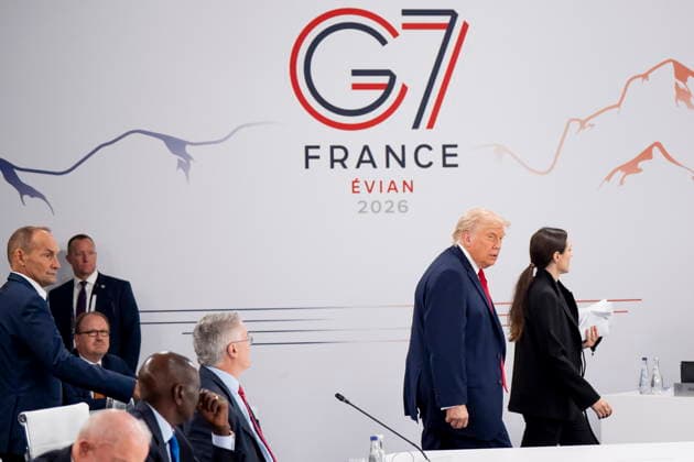 June 17, 2026, Evian-Les-Bains, France: U.S. President Donald Trump arrives to a G7 working session at the G7 summit in Evian-les-Bains, France, on Wednesday, June 17, 2026. Evian-Les-Bains France  - ZUMAc35_ 20260617_zaf_c35_028 Copyright: xChristopherxKatsarovx