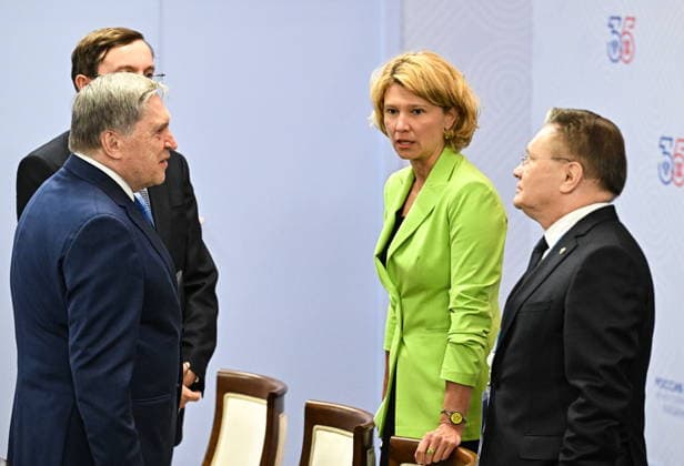 RUSSIA, REPUBLIC OF TATARSTAN - JUNE 17, 2026: Russian President Putin s adviser Yuri Ushakov, Russia s Agriculture Minister Oksana Lut, and Rosatom State Corporation Director General Alexei Likhachev (L-R front) are seen ahead of the 2026 Russia-ASEAN Summit at the Kazan Expo Exhibition Centre in Bolshiye Kabany, southeast of Kazan. Sergei Bobylev TASS  93944324