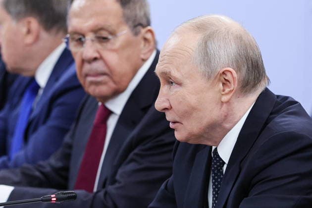 RUSSIA, REPUBLIC OF TATARSTAN - JUNE 17, 2026: Russia s President Vladimir Putin (R) looks on during a meeting with Bongbong Marcos Jr, President of the Philippines, on the sidelines of the 2026 Russia-ASEAN Summit at the Kazan Expo Exhibition Centre in Bolshiye Kabany, southeast of Kazan. Alexander Shcherbak TASS  93945414