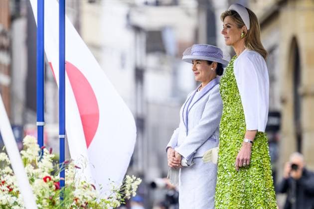 Amsterdam, The Netherlands, 2026-06-17 10:10:58 AMSTERDAM, 17-06-2026, Dam Square At the invitation of King Willem-Alexander and Queen Maxima, Emperor Naruhito of Japan is paying a state visit to the Netherlands. Emperor Naruhito is accompanied by Her Majesty Empress Masako. The state visit is a confirmation of the close and historic relationship between Japan and the Netherlands. The countries share 426 years of bilateral relations. PHOTO: NLBeeld Patrick van Emst In the photo: King Willem-Alexander and Queen Maxima officially welcome Emperor Naruhito and Empress Masako at Dam Square in Amsterdam. After the delegations are introduced, the Royal Military Band Johan Willem Friso plays the national anthems of both countries. This is follo  Copyright: xx x