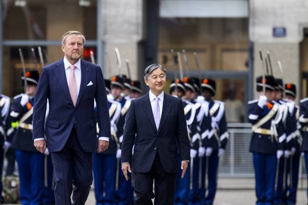 Amsterdam, The Netherlands, 2026-06-17 10:12:19 AMSTERDAM, 17-06-2026, Dam Square At the invitation of King Willem-Alexander and Queen Maxima, Emperor Naruhito of Japan is paying a state visit to the Netherlands. Emperor Naruhito is accompanied by Her Majesty Empress Masako. The state visit is a confirmation of the close and historic relationship between Japan and the Netherlands. The countries share 426 years of bilateral relations. PHOTO: NLBeeld Patrick van Emst In the photo: King Willem-Alexander and Queen Maxima officially welcome Emperor Naruhito and Empress Masako at Dam Square in Amsterdam. After the delegations are introduced, the Royal Military Band Johan Willem Friso plays the national anthems of both countries. This is follo  Copyright: xx x