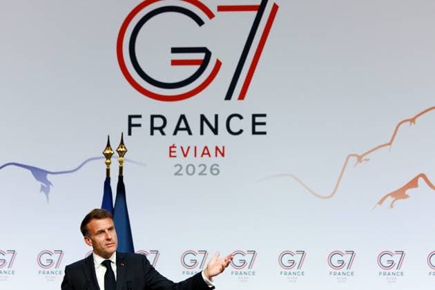 G7 SUMMIT PHOTO PQR LE DAUPHINE Grégory YETCHMENIZA Évian-les-Bains June 17, 2026 Évian-les-Bains, Haute-Savoie, June 17 Press conference by Emmanuel Macron Grégory Yetchmeniza Le Dauphiné Libéré Evian, France, June 17, 2026 G7 summit Local Caption Évian-les-Bains, Haute-Savoie, Rhône-Alpes, France,detected_source_language  Copyright: xPHOTOPQR LExDAUPHINE MAXPPPxGrégoryxYETCHMENIZAx 20260617JDL9953 20260617JDL9953