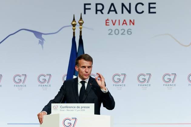 G7 SUMMIT PHOTO PQR LE DAUPHINE Grégory YETCHMENIZA Évian-les-Bains June 17, 2026 Évian-les-Bains, Haute-Savoie, June 17 Press conference by Emmanuel Macron Grégory Yetchmeniza Le Dauphiné Libéré Evian, France, June 17, 2026 G7 summit Local Caption Évian-les-Bains, Haute-Savoie, Rhône-Alpes, France,detected_source_language  Copyright: xPHOTOPQR LExDAUPHINE MAXPPPxGrégoryxYETCHMENIZAx 20260617JDL9954 20260617JDL9954