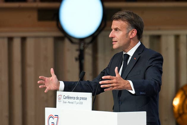 G7 Summit - Macron Closing Press Conference French President Emmanuel Macron speaks during the closing press conference of the G7 summit, in Evian, eastern France, on June 17, 2026. Photo by Ammar Abd Rabbo ABACAPRESS.COM Evian France  Copyright: xAbdxRabboxAmmar ABACAx