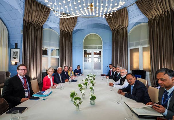 RECORD DATE NOT STATED Prime Minister Narendra Modi meets European Council President Antonio Costa and European Commission President Ursula von der Leyen on the sidelines of the G7 Summit Evian France , Jun 17 (ANI): Prime Minister Narendra Modi meets European Council President Antonio Costa and European Commission President Ursula von der Leyen on the sidelines of the G7 Summit, in Evian on Wednesday. (@narendramodi X ANI Photo) Evian France Copyright: xANIx ANI_20260617312