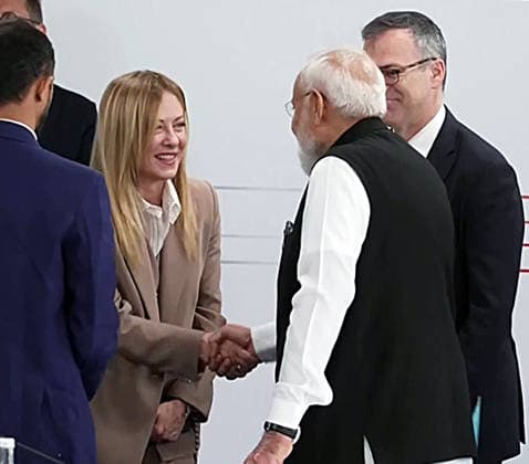 RECORD DATE NOT STATED PM Modi interacts with world leaders at the G7 Summit in France s Evian Evian France , Jun 17 (ANI): Prime Minister Narendra Modi and Italy s Prime Minister Giorgia Meloni exchange a handshake during the G7 Summit, in Evian on Wednesday. (DD ANI Video Grab) Evian France Copyright: xANIx ANI_20260617318