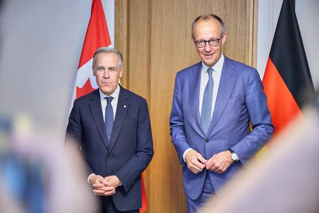 Évian-les-Bains, Frankreich, 17.06.2026: G7-Gipfel: Mark Carney, Premierminister von Kanada, und Bundeskanzler Friedrich Merz (CDU) bei einem bilateralen Treffen *** Évian-les-Bains, France, June 17, 2026 Copyright: xdtsxNachrichtenagenturx dts_123621