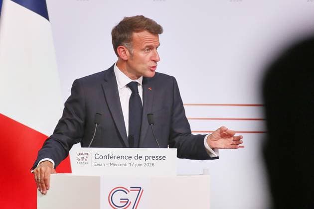 Évian-les-Bains, Frankreich, 17.06.2026: G7-Gipfel: Frankreichs Präsident Emmanuel Macron gibt am letzten Gipfeltag eine Pressekonferenz *** Évian-les-Bains, France, June 17, 2026 G7 Summit Copyright: xdtsxNachrichtenagenturx dts_123701