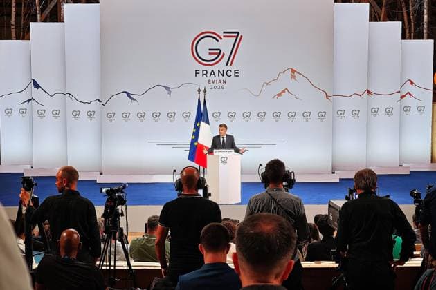 Évian-les-Bains, Frankreich, 17.06.2026: G7-Gipfel: Frankreichs Präsident Emmanuel Macron gibt am letzten Gipfeltag eine Pressekonferenz *** Évian-les-Bains, France, June 17, 2026 G7 Summit Copyright: xdtsxNachrichtenagenturx dts_123702