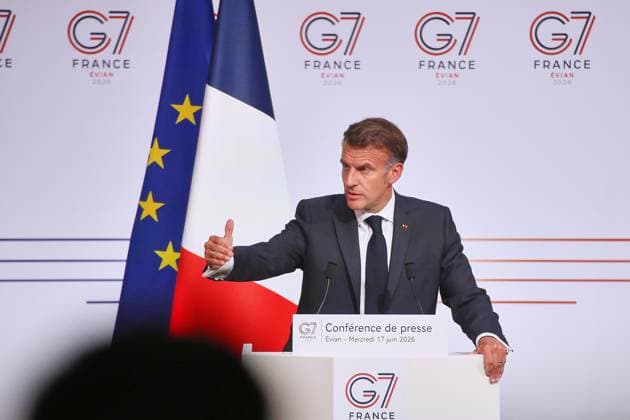 Évian-les-Bains, Frankreich, 17.06.2026: G7-Gipfel: Frankreichs Präsident Emmanuel Macron gibt am letzten Gipfeltag eine Pressekonferenz *** Évian-les-Bains, France, June 17, 2026 G7 Summit Copyright: xdtsxNachrichtenagenturx dts_123706