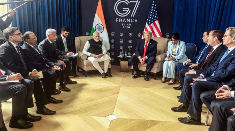 RECORD DATE NOT STATED PM Modi and US President Donald Trump hold a bilateral meeting on the sidelines of the G7 Summit 2026 Evian France , Jun 17 (ANI): Prime Minister Narendra Modi and US President Donald Trump hold a bilateral meeting on the sidelines of the G7 Summit 2026, in Evian on Wednesday. Evian France Copyright: xANIx ANI_20260617374