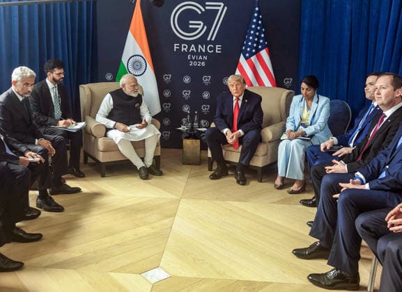 RECORD DATE NOT STATED PM Modi and US President Donald Trump hold a bilateral meeting on the sidelines of the G7 Summit 2026 Evian France , Jun 17 (ANI): Prime Minister Narendra Modi and US President Donald Trump hold a bilateral meeting on the sidelines of the G7 Summit 2026, in Evian on Wednesday. Evian France Copyright: xANIx ANI_20260617375