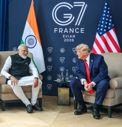 PM Modi and US President Donald Trump hold a bilateral meeting on the sidelines of the G7 Summit 2026 Evian France , Jun 17 (ANI): Prime Minister Narendra Modi and US President Donald Trump hold a bilateral meeting on the sidelines of the G7 Summit 2026, in Evian on Wednesday. (DPR PMO ANI Photo) Evian France Copyright: xANIx ANI_20260617445