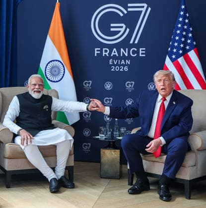 PM Modi and US President Donald Trump hold a bilateral meeting on the sidelines of the G7 Summit 2026 Evian France , Jun 17 (ANI): Prime Minister Narendra Modi and US President Donald Trump hold a bilateral meeting on the sidelines of the G7 Summit 2026, in Evian on Wednesday. (DPR PMO ANI Photo) Evian France Copyright: xANIx ANI_20260617446