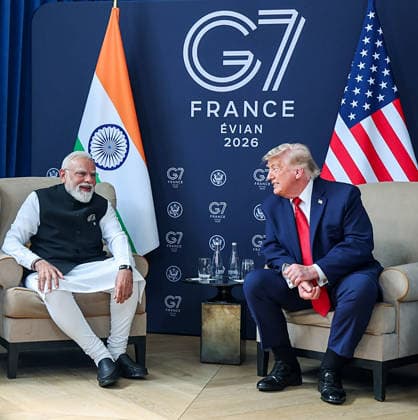 RECORD DATE NOT STATED PM Modi and US President Donald Trump hold a bilateral meeting on the sidelines of the G7 Summit 2026 Evian France , Jun 17 (ANI): Prime Minister Narendra Modi and US President Donald Trump hold a bilateral meeting on the sidelines of the G7 Summit 2026, in Evian on Wednesday. (@narendramodi X ANI Photo) Evian France Copyright: xANIx ANI_20260617451