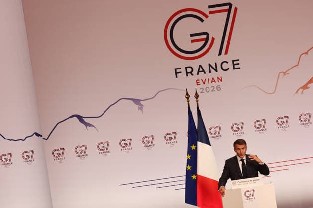 June 17, 2026, Evian, Haute-Savoie, Francia: French President Emmanuel Macron at a press conference at the G7, Evian, June 17, 2026 Evian Francia  - ZUMAa289 20260617_zia_a289_082 Copyright: xPierrexTeyssotx xAgfx