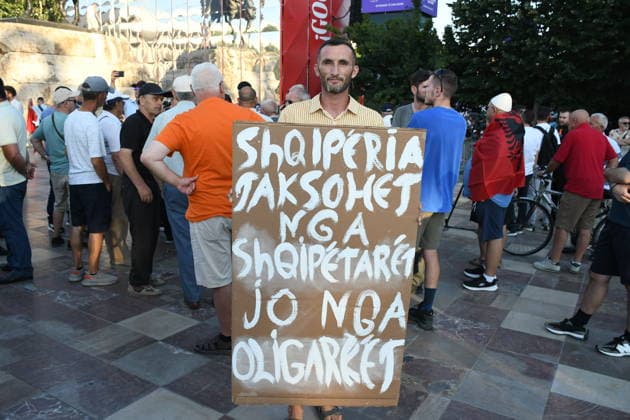 Anti-tourism project protests continue for 18th day in Albania TIRANA, ALBANIA - JUNE 17: Protests against a planned tourism project in the Zvernec area of the coastal city of Vlora continue for a 18th consecutive day in Tirana, Albania on June 17, 2026. Demonstrators gathered in Skanderbeg Square under the slogan Albania is not for sale, with a large number of participants joining the rally. Protesters opposed the reported sale of a beach in Zvernec as part of a tourism project allegedly linked to Ivanka Trump and Jared Kushner. Carrying banners, placards, and Albanian flags, demonstrators marched along the Boulevard of the Martyrs of the Nation toward the Prime Minister’s Office. Olsi Shehu Anadolu Tirana Albania. Editorial use only.  Copyright: x2026xAnadoluxOlsixShehux
