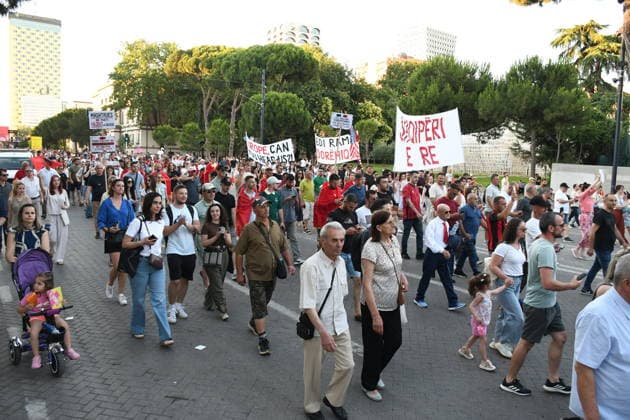 Anti-tourism project protests continue for 18th day in Albania TIRANA, ALBANIA - JUNE 17: Protests against a planned tourism project in the Zvernec area of the coastal city of Vlora continue for a 18th consecutive day in Tirana, Albania on June 17, 2026. Demonstrators gathered in Skanderbeg Square under the slogan Albania is not for sale, with a large number of participants joining the rally. Protesters opposed the reported sale of a beach in Zvernec as part of a tourism project allegedly linked to Ivanka Trump and Jared Kushner. Carrying banners, placards, and Albanian flags, demonstrators marched along the Boulevard of the Martyrs of the Nation toward the Prime Minister’s Office. Olsi Shehu Anadolu Tirana Albania. Editorial use only.  Copyright: x2026xAnadoluxOlsixShehux