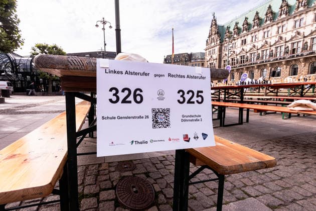 Deutschland, Hamburg, Rathausmarkt, Hamburger Rathaus, Schachturnier, Rechtes Alsterufer gegen Linkes Alsterufer, Linkes Alsterufer gegen Rechtes Alsterufer, größtes Schachturnier der Welt, Weltrekord, Schach, Chess, Chess Tournament, School Chess, Schulschach, Schulschachturnier, Schulschachmeisterschaft, Freiluftveranstaltung, Open-Air-Schachturnier, Rathausplatz, Innenstadt Hamburg, öffentliche Veranstaltung, Großveranstaltung, Tradition, Hamburger Tradition, Stadtleben, Eventfotografie, Dokumentarfotografie, Editorial Photography, Urban Photography, Reportagefotografie, Kulturveranstaltung, Bildung, Strategie, Denksport, Intelligenzspiel, Schachbretter, Schachfiguren, Spielfeld, Spielvorbereitung, Aufbau, Organisation, lange Tischre Copyright: xStefanxTrochax