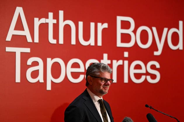ARTHUR BOYD TAPESTRIES EXHIBITION, Director of the National Gallery of Australia Nick Mitzevich speaks during a media preview of a major winter exhibition ˜Arthur Boyd: Tapestries™ at the National Gallery of Australia in Canberra, Thursday, June 18, 2026. At 2.5 by 3.4 metres, each tapestry features a scene from the life of St Francis of Assisi, one of the most venerated figures in history. ( NO ARCHIVING CANBERRA AUSTRALIAN CAPITAL TERRITORY AUSTRALIA  Copyright: xLUKASxCOCHx 20260618185862689160