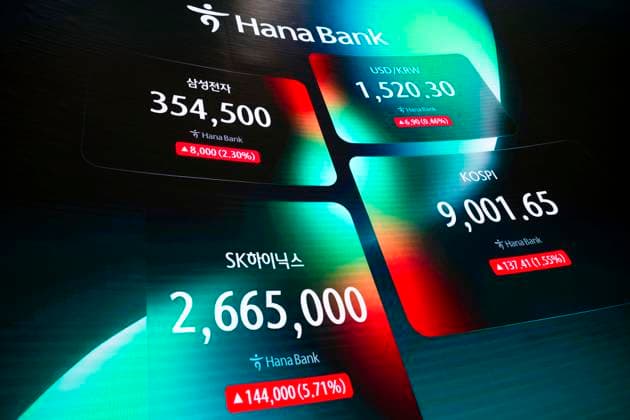 June 18, 2026, Seoul, South Korea: A display shows South KoreaÃ¢â‚¬â ¢s KOSPI index hitting historic highs on Thursday, June 18, 2026 in Seoul, South Korea. South KoreaÃ¢â‚¬â ¢s domestic KOSPI index broke the 9000-point barrier, buoyed by gains in semiconductor and AI industries driven by Samsung and SK Hynix and the announcement of a cease fire deal between the U.S. and Iran. Seoul South Korea - ZUMAh163 20260618_znp_h163_006 Copyright: xJintakxHanx