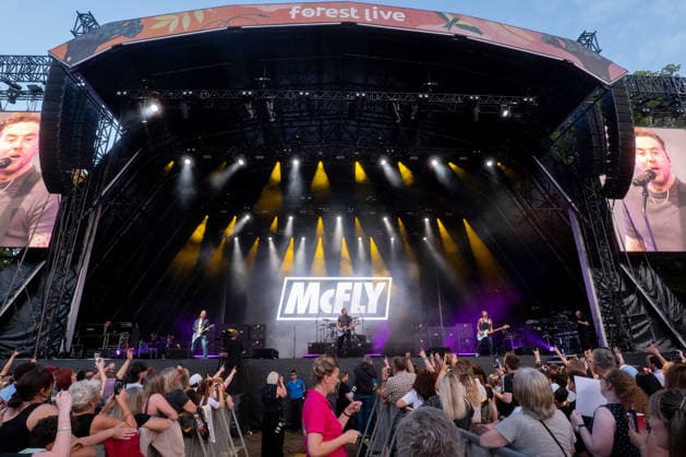 McFly in concert at Thetford Forest, Thetford, UK Thetford, UK, 17 June, 2026. McFly in concert. Pictured left to right, Tom Fletcher, Danny Jones, Dougie Poynter., Credit:Stephen Keable Avalon UK, Norfolk, Thetford, Thetford Forest  Copyright: xStephenxKeablex xAvalonx 1110846915