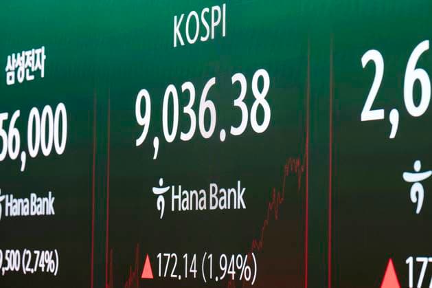 June 18, 2026, Seoul, South Korea: A display shows South KoreaÃ¢â‚¬â ¢s KOSPI index hitting historic highs on Thursday, June 18, 2026 in Seoul, South Korea. South KoreaÃ¢â‚¬â ¢s domestic KOSPI index broke the 9000-point barrier, buoyed by gains in semiconductor and AI industries driven by Samsung and SK Hynix and the announcement of a cease fire deal between the U.S. and Iran. Seoul South Korea  - ZUMAh163 20260618_znp_h163_015 Copyright: xJintakxHanx