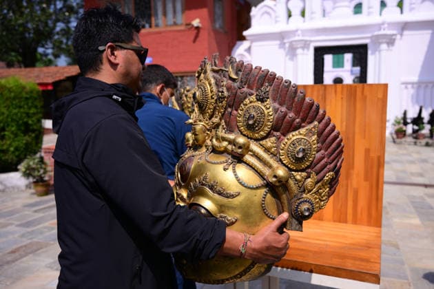June 18, 2026, Kathmandu, Bagmati, Nepal: The sacred 16th-century Bhairava masks are carried in a procession as they depart the National Museum of Nepal in Chhauni, Kathmandu, on June 18, 2026, en route to their original shrine in Dolakha after more than three decades abroad. The revered masks were stolen in March 1994 and later trafficked internationally before entering museum circulation in the United States. Following provenance research and legal coordination between Nepali authorities and the Manhattan District AttorneyÃ¢â‚¬â ¢s Office, the masks were formally returned and repatriated to Nepal in December 2023. Their return marks a significant milestone in ongoing efforts to restore stolen cultural heritage to its place of origin and t  - ZUMAs330 20260618_zsp_s330_001 Copyright: xSafalxPrakashxShresthax