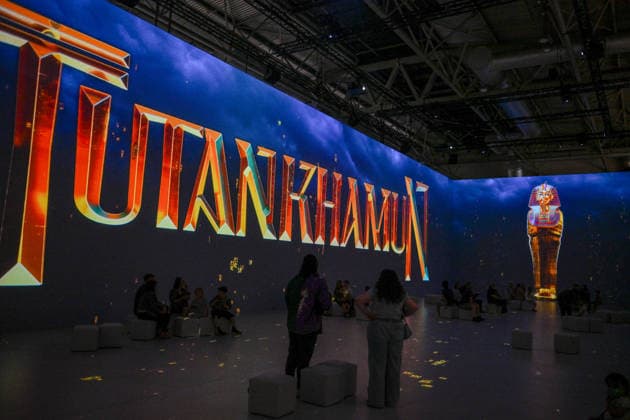 Tutankhamun The Immersive Experience, NEC, Birmingham UK Tutankhamun The Immersive Experience arrives at the NEC, Birmingham UK for 12 weeks. Following hugely successful runs in cities such as Madrid, Hamburg, Cairo, Sao Paulo, Barcelona, Vienna, Malmö, London, Glasgow and Stockholm, the groundbreaking 2,000 square metre exhibition invites visitors to step back in time and embark upon an exhilarating journey through ancient Egypt, discovering the myths and mysteries surrounding Pharaoh Tutankhamun. Created in collaboration with Egyptologists and historians, the exhibition features one of Europe™s most expansive immersive video mapping rooms with projections on 8-metre-high surfaces. Blending cutting-edge technology with Egyptian hi  Copyright: xJulesxAnnanx xAvalonx 1110839846