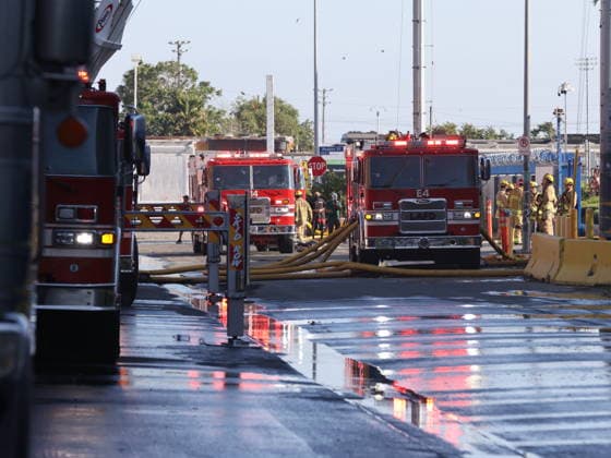 (260618) -- LOS ANGELES, June 18, 2026 -- Fire fighters work at a cold-storage facility where a fire has erupted in Boyle Heights, Los Angeles, California of the United States, on June 17, 2026. A shelter-in-place order was issued in the Boyle Heights area of Los Angeles on Wednesday as firefighters battled a massive fire that broke out at a commercial building. (Photo by Xinhua) (SpotNews) U.S.-LOS ANGELES-FIRE-SHELTER-IN-PLACE ORDER QiuxChen 