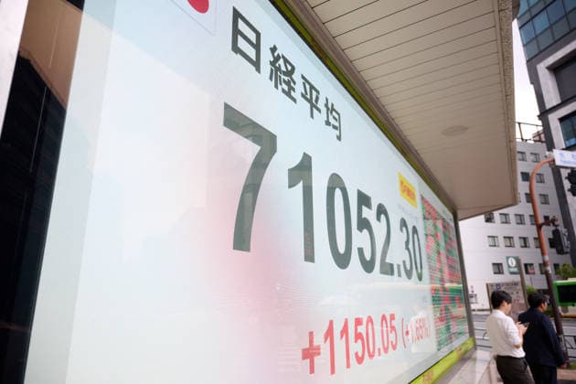 A picture shows the Nikkei Stock Average displayed on an electronic board in Tokyo, Japan, on June 18, 2026. The Nikkei Stock Average rose above 71,000 on Thursday for the first time ever.  aflo_334859414