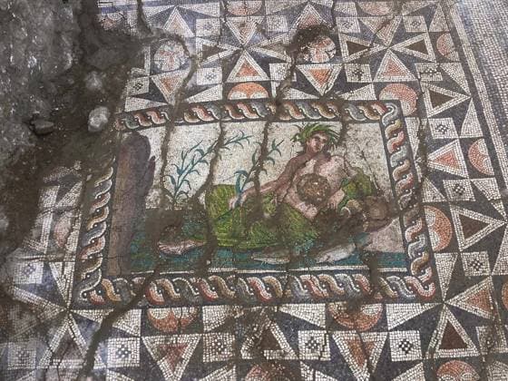 Depiction of the 3rd-Century river god Young Eurymedon discovered in Aspendos ANTALYA, TURKIYE - JUNE 18: (----EDITORIAL USE ONLY MANDATORY CREDIT - TURKISH MINISTRY OF CULTURE AND TOURISM HANDOUT - NO MARKETING NO ADVERTISING CAMPAIGNS - DISTRIBUTED AS A SERVICE TO CLIENTS----) Archaeologists uncover a mosaic-decorated architectural structure measuring approximately 6 by 25 meters during excavations carried out in the eastern square of Theatre Street, which connects the Acropolis of Aspendos with the theater in Antalya, Turkiye on June 18, 2026. Based on its iconographic features and comparable examples, the figure is identified as the Young Eurymedon, the river god of Aspendos, symbolizing the Eurymedon River that gave life to the  Copyright: x2026xAnadoluxTurxMinistryxofxCulturexandxTourismx
